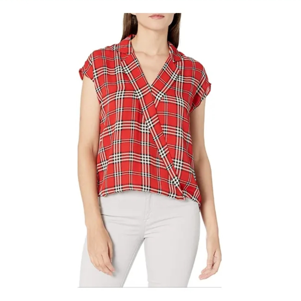 Vince Camuto Highland Plaid Extend Shoulder Blouse